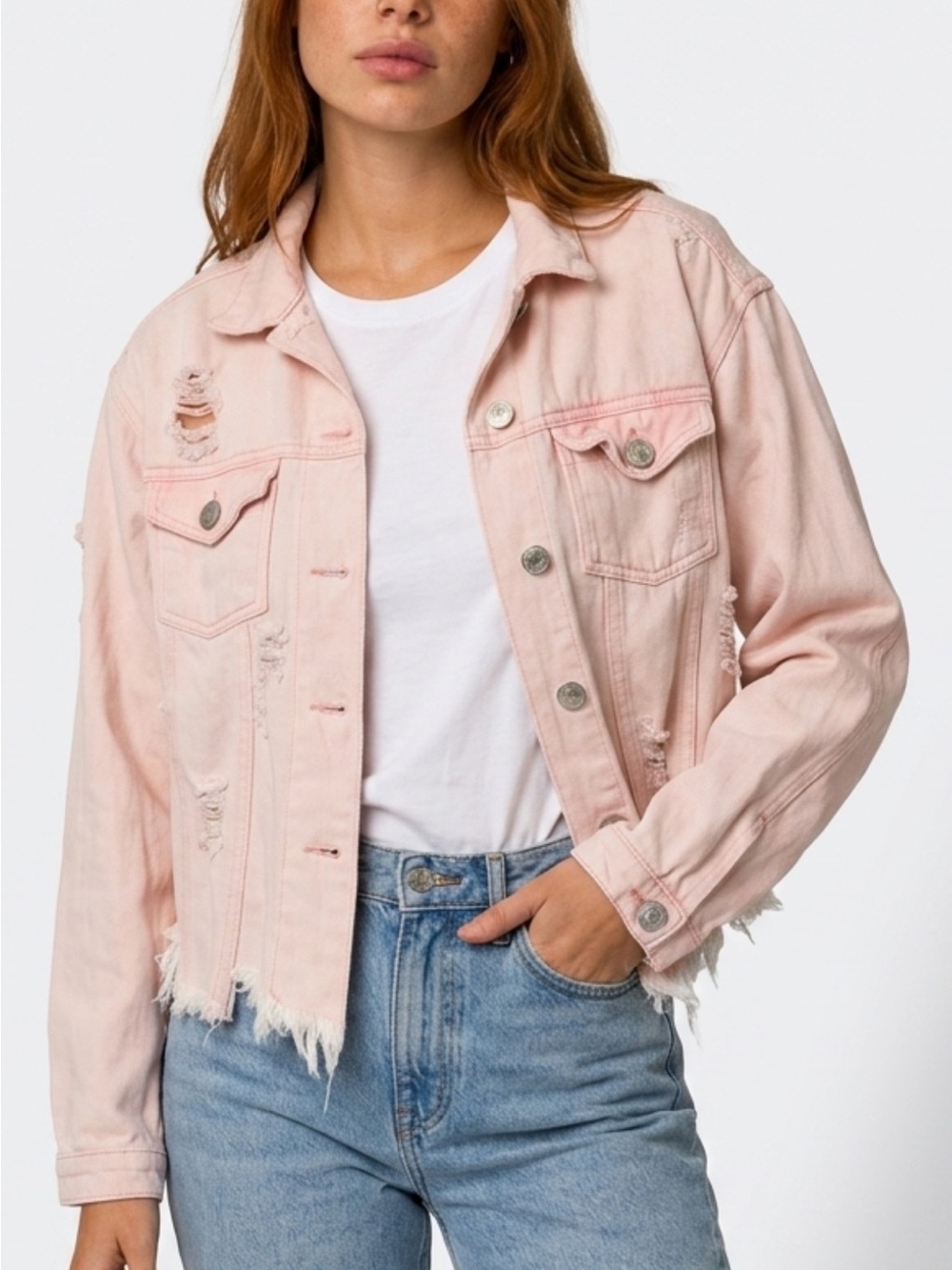 POL Pale Pink Distressed Denim Jacket